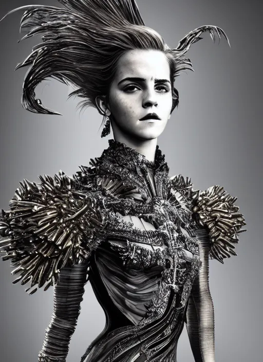 Image similar to expressive full body photo of emma watson, dress made of steel blades, glamour shot, by karol bak, stefan gesell, photorealistic, nikon d 4 x, fashion photography, hyper maximalist, elegant, ornate, luxury, elite, environmental portrait, symmetrical features, octane render, unreal engine, solid dark grey background, dramatic lights