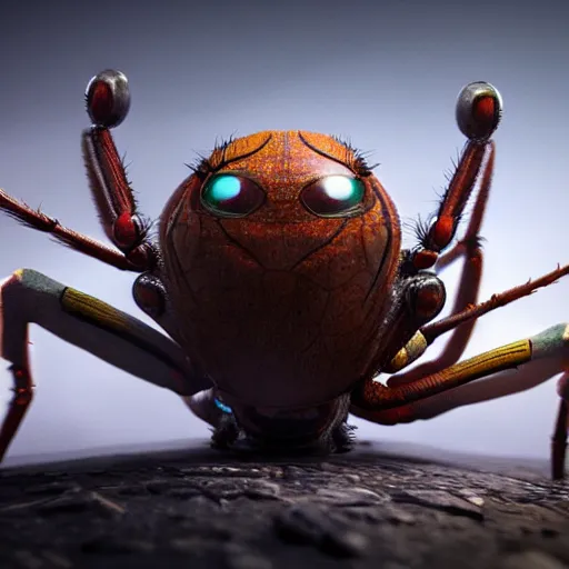 Prompt: a detailed 3d render of a bionic creature with spider eyes, pixar, cinematic, octane render, cgsociety, artstation, 8k, compositing, beautiful, mystical
