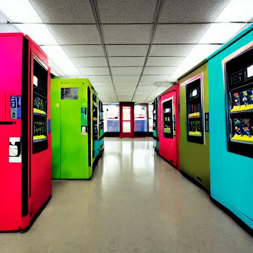 Prompt: noisy color photograph of a vending machine room, laboratory, dark corners, minimalist, cinematic, soft vintage glow