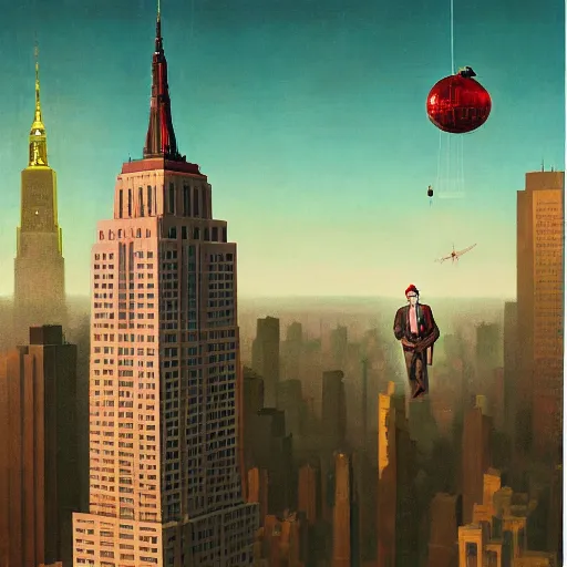 Image similar to Santa buzzing/flying past the empire state building whilst wearing his jetpack greg rutkowski giorgio de chirico john currin clarence holbrook carter mark ryden simon stalenhag