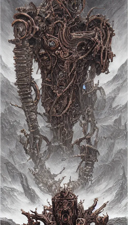 Image similar to Elden Ring and Doom themed painting of biomechanical armored traveller hybrid, intricate artwork by Artgerm, Victo Ngai, Johnatan Wayshak, Zdizslaw Beksinski, Douglas Barlowe, Darius Zawadzki, H.R. Giger, Takato Yamamoto, masterpiece, very coherent artwork, elite, horror, creepy, ominous, haunting, majestic, ephemeral, cinematic, high detail, octane render, unreal engine, 8k, High contrast, golden ratio, trending on cgsociety, ultra high quality model, production quality cinema model