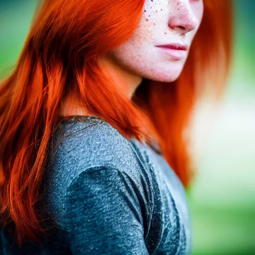 Image similar to close up portrait photo of the left side of the face of a redhead woman with galaxy of stars inside her eyes, she looks directly at the camera. Slightly open mouth, face covers half of the frame, with a park visible in the background. 135mm nikon. Intricate. Very detailed 8k. Sharp. Cinematic post-processing. Award winning photography