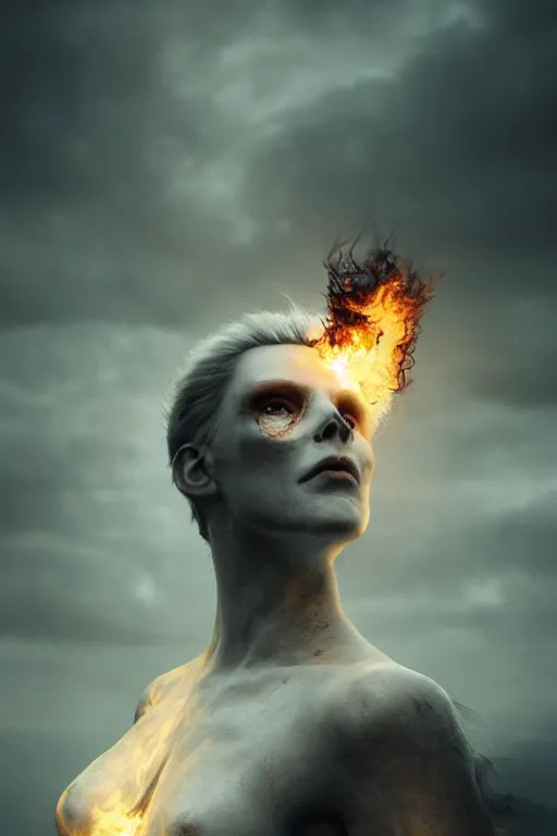 Image similar to portrait of a ghost burning in the ominous sky, illuminated by the gods, Cinematic lighting, insanely detailed, trending on artstation, golden ratio, concept art by Agesandro de Rodas & Emil Melmoth