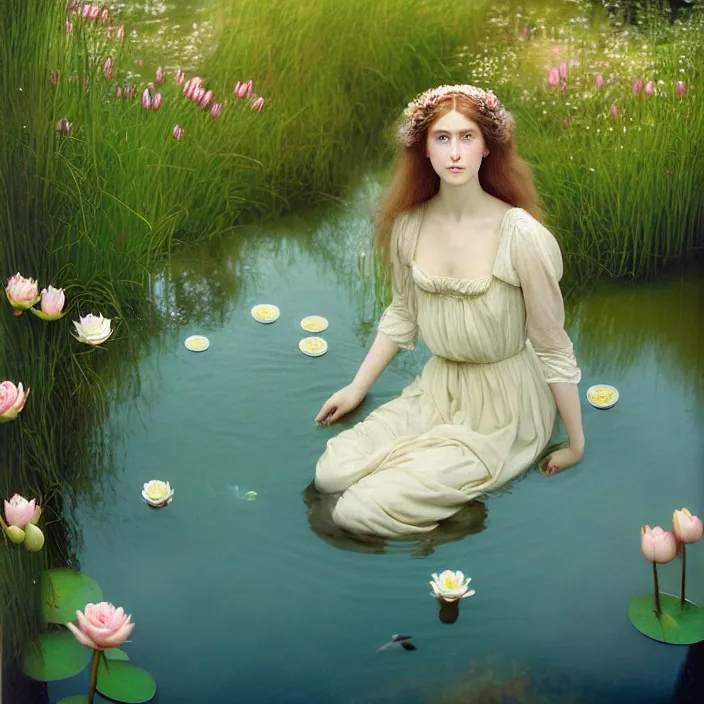 Image similar to Kodak Portra 400, 8K, soft light, volumetric lighting, highly detailed, britt marling style 3/4 ,portrait photo of a beautiful woman how pre-Raphaelites painter, the face emerges from the water of a pond with water lilies, julie dillon, a beautiful lace dress and hair are intricate with highly detailed realistic beautiful flowers , Realistic, Refined, Highly Detailed, natural outdoor soft pastel lighting colors scheme, outdoor fine art photography, Hyper realistic, photo realistic