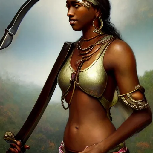 Image similar to artstation concept of a beautiful girl holding a sword in both hands, brown skin, sweaty skin, symmetrical face, casual white garment, brown canyon background, shiny colorful, hyperdetailed, artstation trending, world renowned artists, worth1000.com, historic artworks society, antique renewel, cgsociety, by greg rutkowski, by Gustave Dore, Deviantart