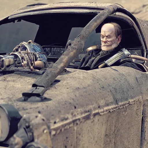 Prompt: William Tecumseh Sherman sitting in the driver's seat in Mad Max Road Warrior, rusted, cobbled together Nissan R34 GTR, interior, screenshot, cinematic Eastman 5384 film