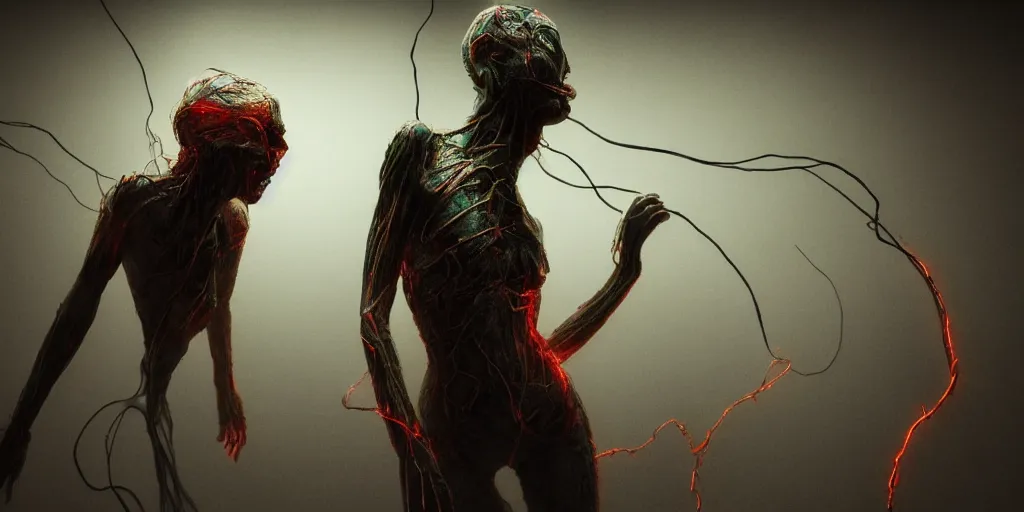 Image similar to rgb, glowing, extreme rage, woman, cinematic, movie scene, inspired by zdzislaw beksinski, clothes made out of veins,, cables everywhere, bedroom, ultra realistic, concept art, intricate details, highly detailed, photorealistic, octane render, 8 k