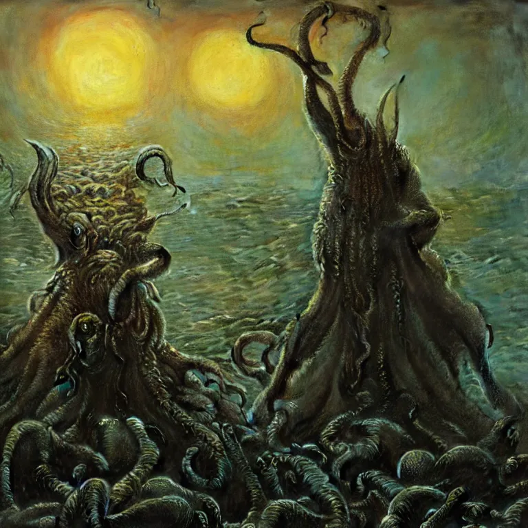 Image similar to a cinematic scene from the cthulhu in pyrrhic victory, concept art by beksinski and jean delville, dramatic lighting, ultra hd, hdr, 8 k