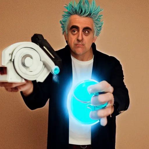 Image similar to Rick Sanchez as a real-life person, studio portrait, real-life-action movie star, holding a portal gun, opening a portal, Rick Sanchez