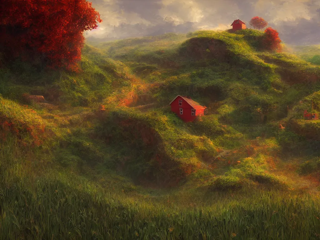 Image similar to Intricate detailed lush ravine with a single isolated red barn next to a wheat crop at noon. Wide angle shot, surreal, dreamlike, Artstation, Eddie Mendoza