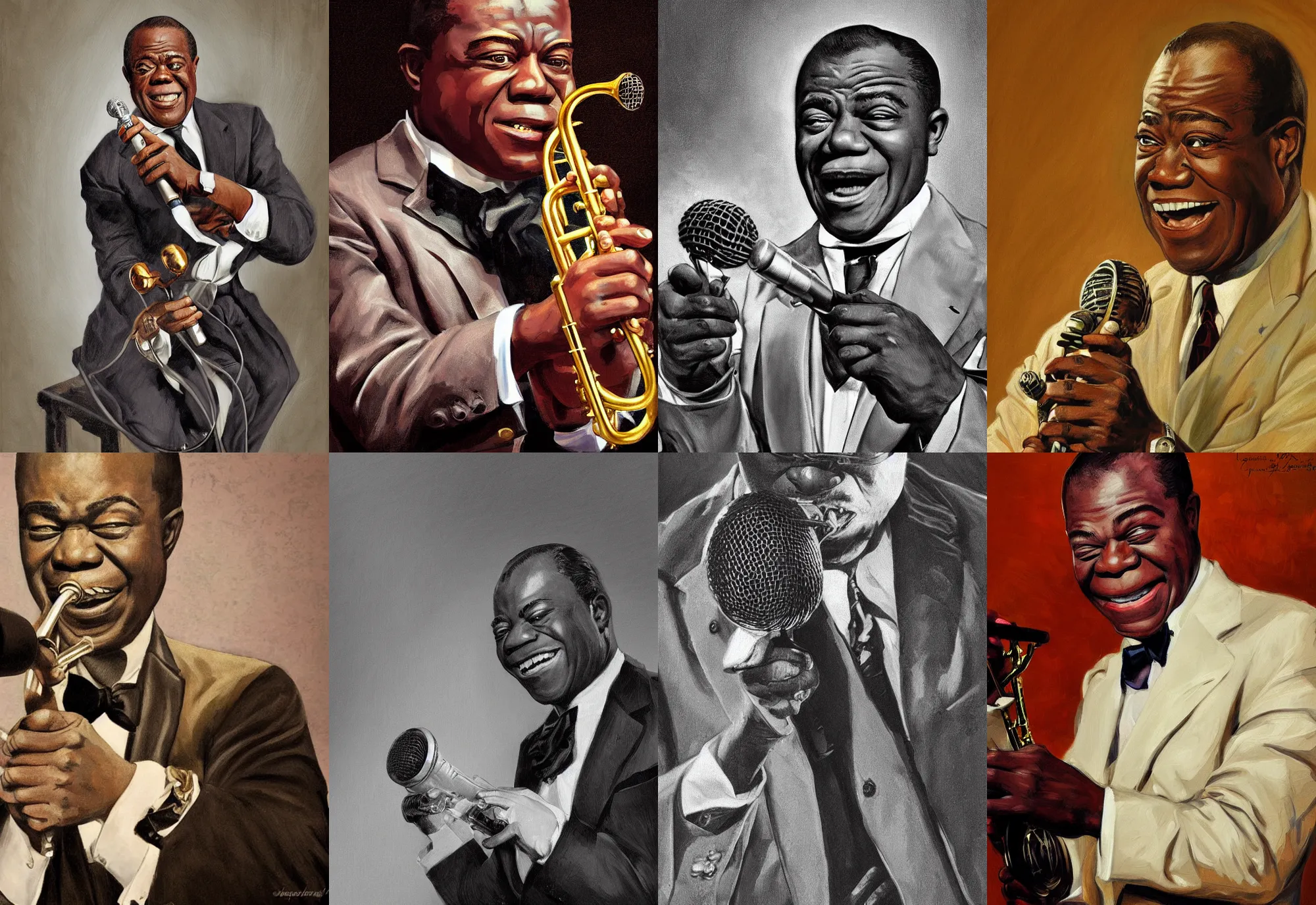 Prompt: a portrait of louis armstrong holding a microphone, by joseph christian leyendecker, dramatic lighting, highly detailed digital painting