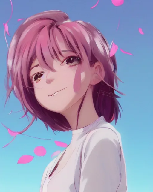 Image similar to happy teenage girl side face with pink curly pastel hair .Many single strips of hair floating in the air. Bright big eyes. Fine particles of red leaves.，cute, anime wallpaper，Sunlight on the face.by Krenz Cushart, Ian McQue, Ilya Kuvshinov, CloverWorks.vivid color.Shining highlights