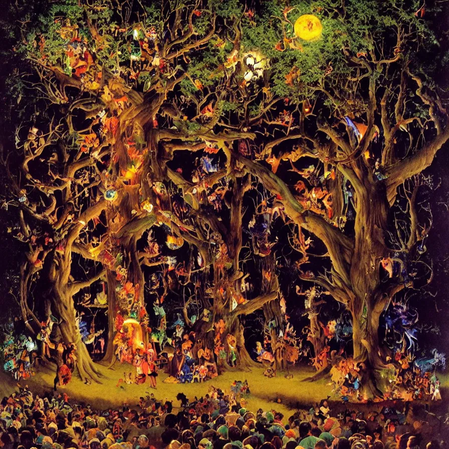 Image similar to a night carnival around a magical tree cavity, with a surreal orange moonlight and fireworks in the background, next to a lake with iridiscent water, christmas lights, folklore animals and people disguised as fantastic creatures in a magical forest by summer night, masterpiece painted by norman rockwell, frank frazetta, and syd mead, dark night environment