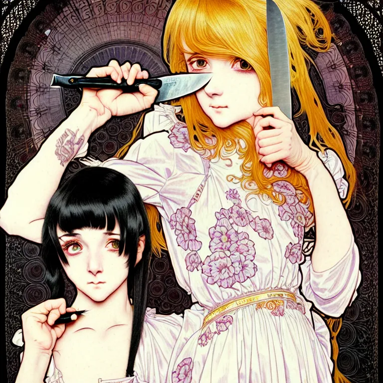 Prompt: portrait of a morbid 18 year old youth wearing a pretty little dress with straight silky black hair, in a butcher shop, holding a butcher knife, insanely and epically detailed high-quality small details, beautiful golden ratio, exquisitely detailed soft shadowig style, epic pencil illustration style, style of Range Murata and by Alphonse Mucha and by Katsuhiro Otomo.