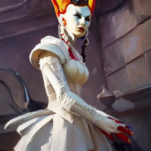 Image similar to greg manchess portrait painting of partially armored white queen from alice in wonderland as overwatch character, medium shot, asymmetrical, profile picture, organic painting, sunny day, matte painting, bold shapes, hard edges, street art, trending on artstation, by huang guangjian, gil elvgren, ruan jia, randy vargas, greg rutkowski