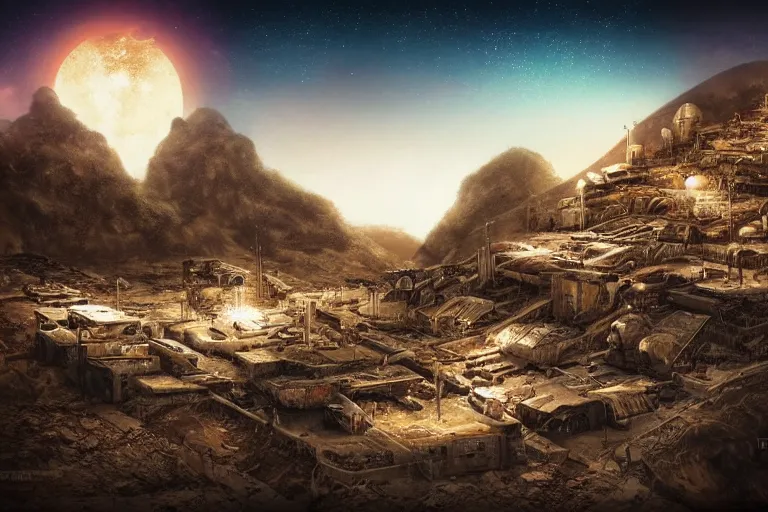 Image similar to favela spaceship cathedral bunker, desert environment, industrial factory, cliffs, bright, milky way, award winning art, epic dreamlike fantasy landscape, ultra realistic,