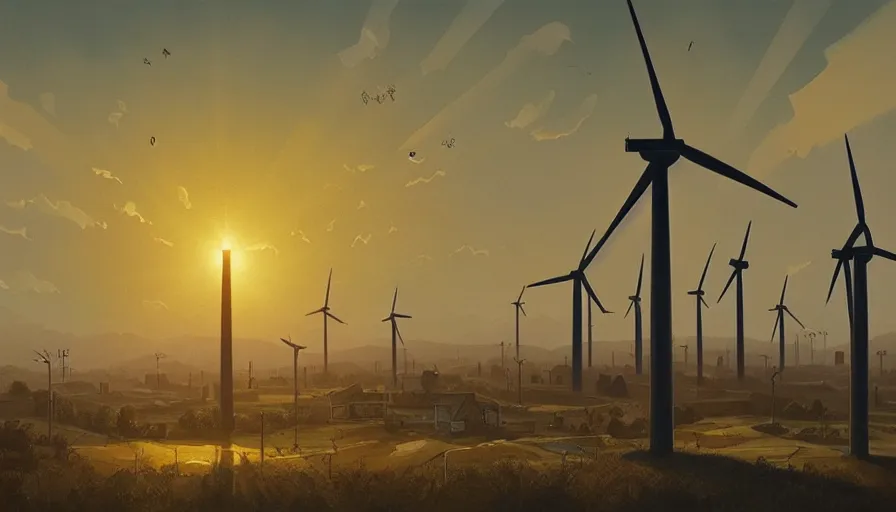 Prompt: city full of solar panels and windmills, early morning sun in the sky, simon stalenhag