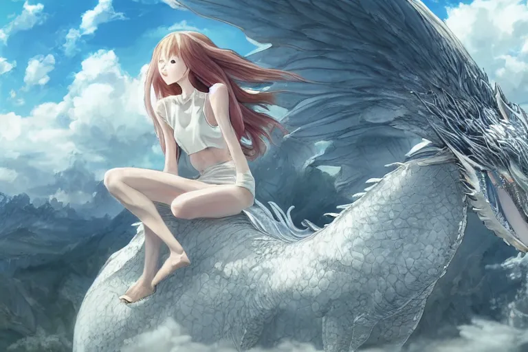 Prompt: the beautiful hyper detailed big scene render that a beautiful girl sitting on the back of a huge silver white dragon alone in fairyland surrounded by white clouds, finely detailed angelic face delicate features, style of studio ghibli, makoto shinkai, artgerm, akihiko yoshida, kazuki tanahashi, james jean, ross tran, xision, ultra wide angle