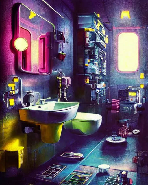 Image similar to IKEA catalogue photo of a cyberpunk bathroom, by Paul Lehr