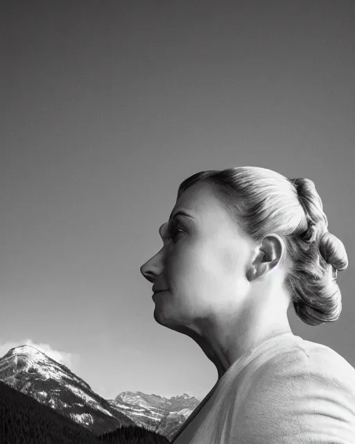 Image similar to a woman's face in profile, made of a snow capped Swiss mountain, in the style of the Dutch masters and Gregory Crewdson, dark and moody