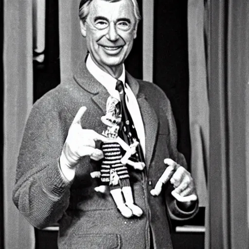 Image similar to mr. rogers proudly displaying a hand - carved mr. rogers marionette. 1 9 7 0 s photo.