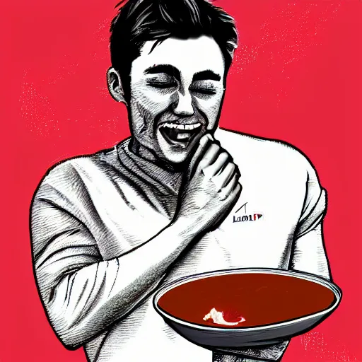 Image similar to Charles leclerc crying into a bowl of tomato soup, digital art, 8k