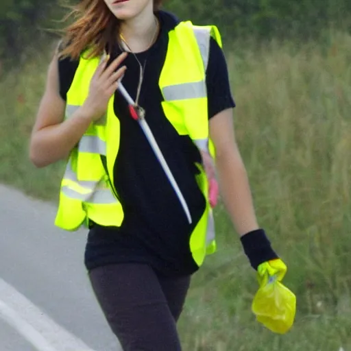 Image similar to emma watson in a hi vis vest picking up trash on the side of the interstate. paparazzi photo,