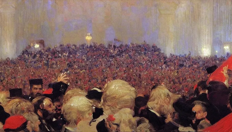 Image similar to painting by ilya repin, trump on the miting, detailed, stunning