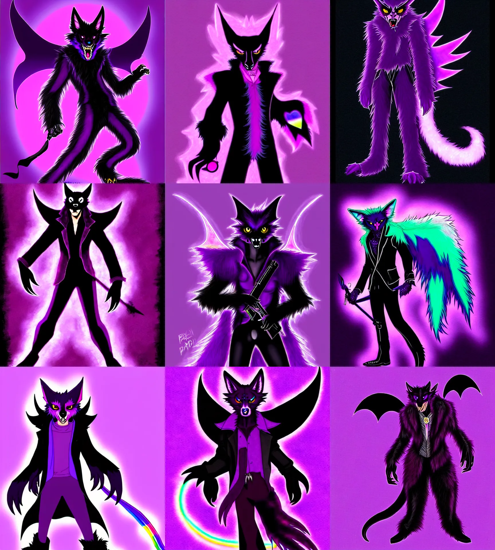 Prompt: a purple wolfbat fursona ( from the furry fandom ) with a long glowing rainbow tail, he wears an eyepatch, he is traversing a shadowy city, an affable devil among demons, neo - noir style, reminescent of max payne and ghost in the shell, style of purple rain album cover ( by prince ), dark colors