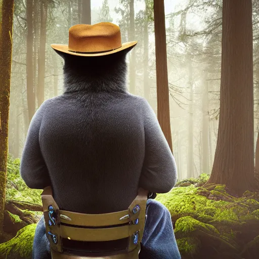 Image similar to UHD canndid photo of Smokey The Bear in the woods, sitting on the porcelain throne, by Annie leibowitz, photorealisitc, extremely detailed