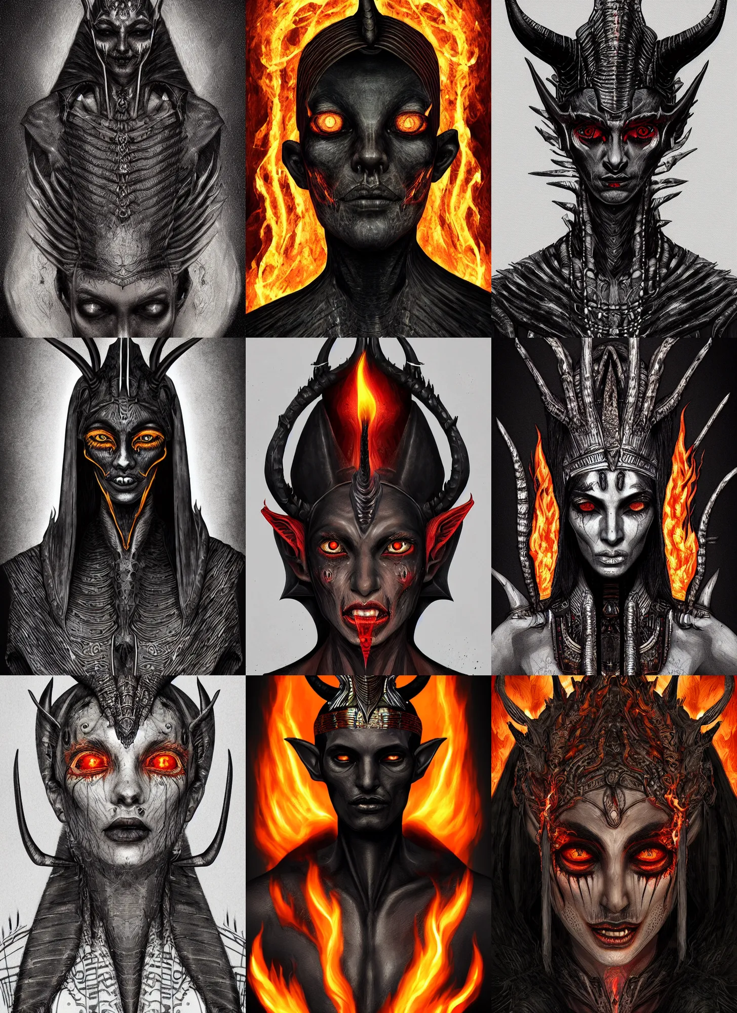 Prompt: black skinny corpse portrait horns, flaming eyes, hell, pharaoh clothes, intricate, dark, highly detailed, artstation, sharp focus, illustration, barlowe