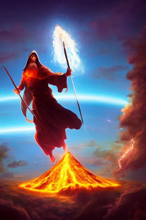 Image similar to levitating wizard wielding a spear opening a shining portal pulsating in the night sky, horizon of an erupting volcano, photorealistic, artstation, highly detailed