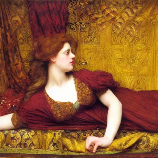 Image similar to preraphaelite photography reclining on bed, a hybrid of judy garland and a hybrid of madame de stael and eleanor of aquitaine, aged 2 5, big brown fringe, yellow ochre ornate medieval dress, john william waterhouse, kilian eng, rosetti, john everett millais, william holman hunt, william morris, 4 k