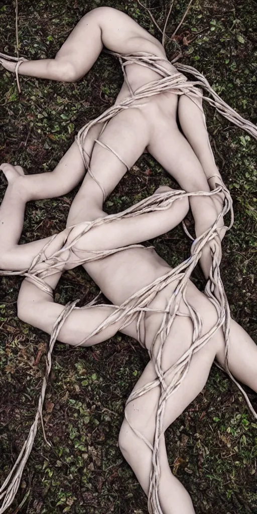 Image similar to beautiful painted female bodies intertwined, shibari ropes wrapped around bodies, bodies lying on the forest floor, surrealism, abstract, no face