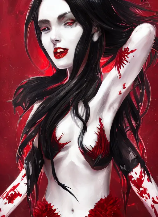 Image similar to a highly detailed illustration of beautiful long hime cut black hair white woman wearing a red battle dress, red eyes, dramatic smile pose, intricate, elegant, highly detailed, centered, digital painting, artstation, concept art, smooth, sharp focus, league of legends concept art, WLOP