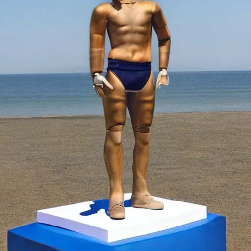 Image similar to a realistic detailed photo of a guy who is an attractive humanoid who is half robot and half humanoid, who is a male android, football player christian mccaffrey, shiny skin, posing like a statue, blank stare, by the beach, on display