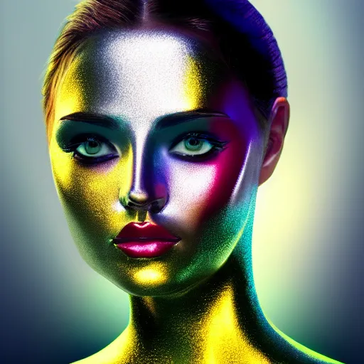 Image similar to portrait of a beautiful android woman, futuristic, chrome and colorful,