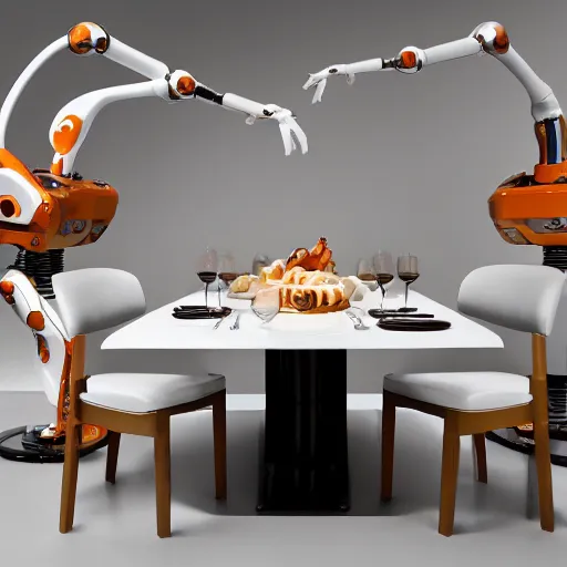 Prompt: three large white glossy kuka industrial robot arms on the floor around a dinner table full of food, the kuka industrial robot arms are wearing bow ties, they are having a dinner party inside a posh fine dining restaurant with retro modern furniture and decor, global illumination, artstation, fantasy, volumetric light