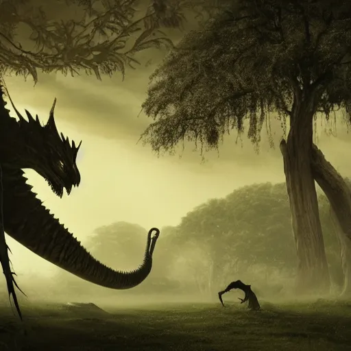 Image similar to A beautiful photograph of a large, looming creature with a long, snake-like body. The creature has many large, sharp teeth, and its eyes glow a eerie green. It is wrapped around a large tree, which is bent and broken under the creature's weight. There is a small figure in the foreground, clutching a sword, which is dwarfed by the size of the creature. mariachi by Marianne von Werefkin, by Worthington Whittredge manmade