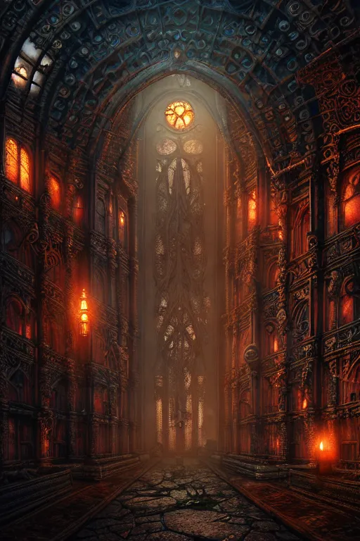 Image similar to steam necropolis, memento mori, gothic, neo - gothic, art nouveau, hyperdetailed copper patina medieval icon, stefan morrell, philippe druillet, ralph mcquarrie, concept art, steampunk, unreal engine, detailed intricate environment, octane render, moody atmospheric, volumetric lighting, photorealism