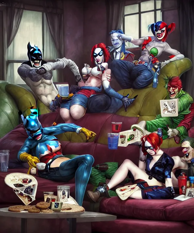 Image similar to Caricatures of Harley Quinn, Heath Ledgers Joker and Batman, playing video games on a couch together, Harley Quinn is winning, mum brings in milk and cookies. fun, funny, highly detailed, digital painting, artstation, concept art, smooth, sharp focus, illustration, art by artgerm and greg rutkowski and alphonse mucha