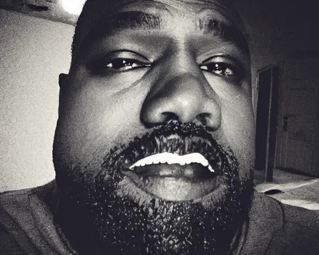 Image similar to my uncle that look like Kanye West if he was poor asf accidentally taking a selfie with the front camera lol, squinting because the camera flash is so bright in his face, viral, selfie, viral on twitter, viral on instagram, viral photo