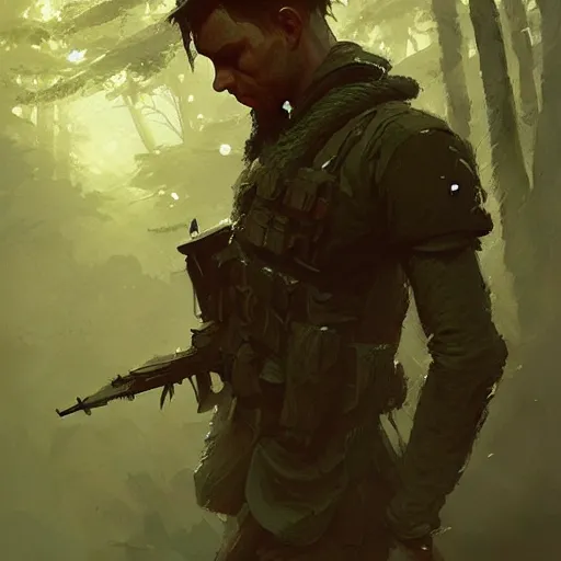 Image similar to male soldier in the forest, by Greg Rutkowski!!!, D&D, fantasy, intricate, elegant, highly detailed, digital painting, artstation, concept art, matte, sharp focus, illustration