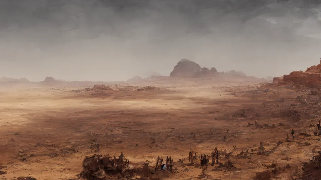 Prompt: panorama view of arid desert, papyrus, watercolored, jakub rozalski, dark colours, dieselpunk, artstation