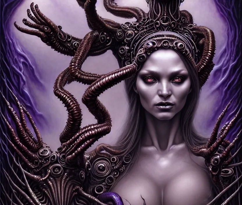 Image similar to A beautiful detailed alien goddess woman with 6 arms super dark tarot card, gorgeous model face by Stanley Artgerm, by tomasz alen kopera and Justin Gerard, 4 eyes, beautiful symmetrical features, ominous, magical realism, melting, texture, intricate, ornate, royally decorated, melting, whirling smoke, embers, purple adornments, blue torn fabric, radiant colors, fantasy, trending on artstation, volumetric lighting, micro details, 3d sculpture, ray tracing, 8k, anaglyph effect