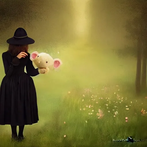 Image similar to a girl standing in a park, alone, wearing black dress and hat, holding teddy bear, detailed hands, by andrea kowch, dark, scene, magic realism