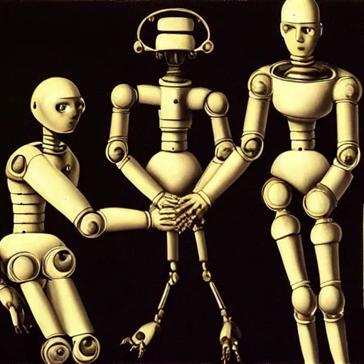 Image similar to robots holding hands by caravaggio