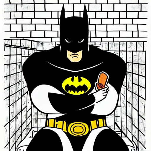 Prompt: low dutch angle shot of constipated batman sitting on a toilet with pants down, sweating, tiny room with dirty wall tiles, comic digital art, by hayao miyazaki, super detailed, 4 k, artistic