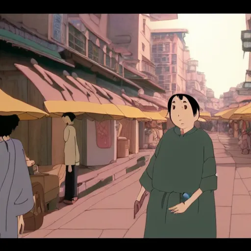 Image similar to a spirit looking for a hug, screenshot from the film spirited away by studio ghibli, lonely and sad, in a busy marketplace, sad