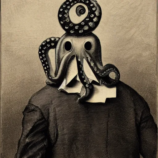 Image similar to an octopus on the shoulders of a man in formal attire